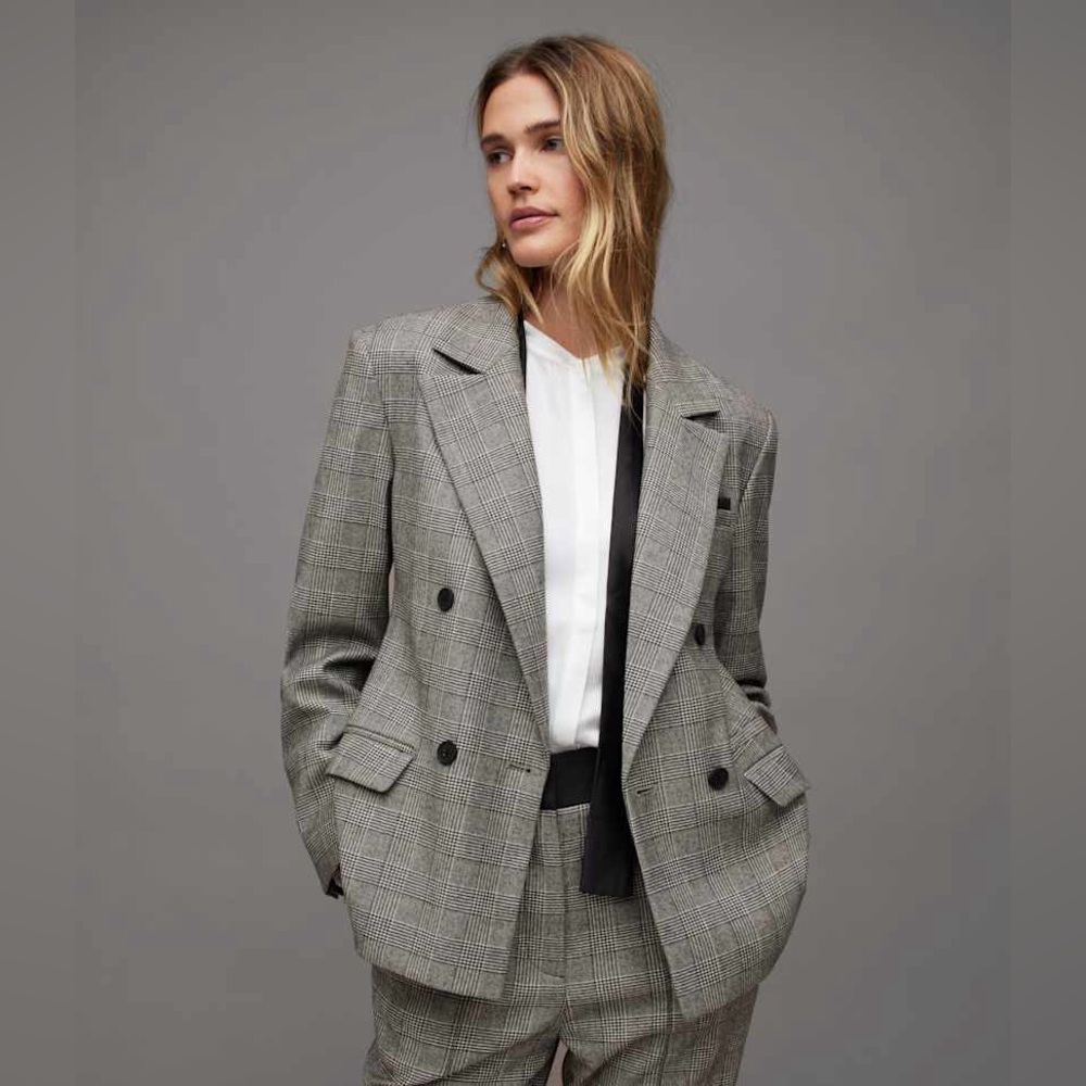 NWT $445 AllSaints Bea Glen Check Double-Breasted Blazer